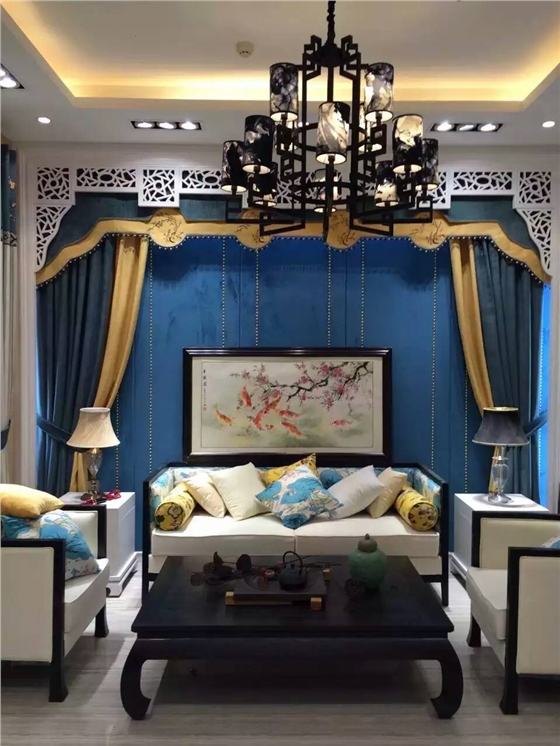 浪漫蓝黄调客厅中式窗帘